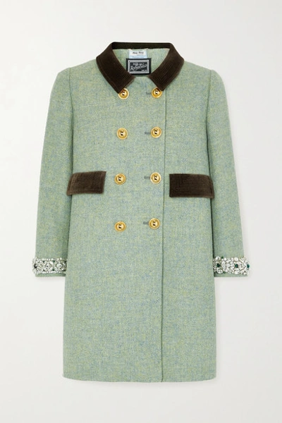 Miu Miu Double-breasted Velvet-trimmed Crystal-embellished Wool