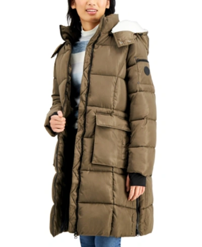 Madden Girl Juniors' Fleece-lined Hooded Puffer Coat In Olive