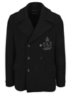 Dolce & Gabbana Jersey Wool Pea Coat With Patch Embellishment In Black