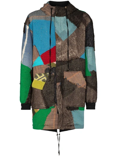 By Walid Hooded Patchwork-style Parka Coat In Brown