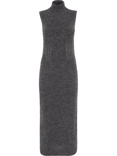 Fendi Wrap-collar Flannel Pleated Midi Dress In Grey