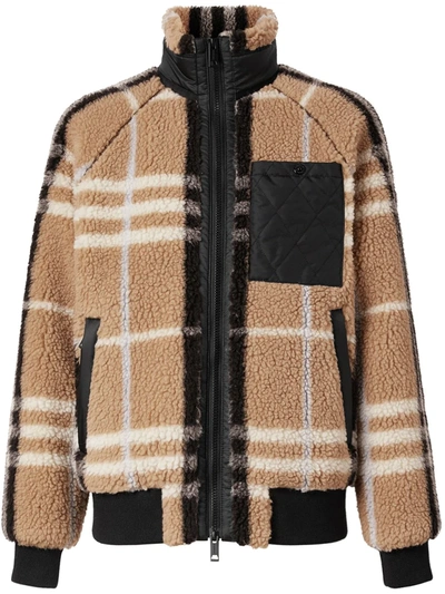 Burberry Diamond Quilted Panel Check Fleece Jacquard Jacket In Neutrals