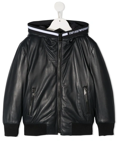 Emporio Armani Teen Hooded Leather Jacket In Blue