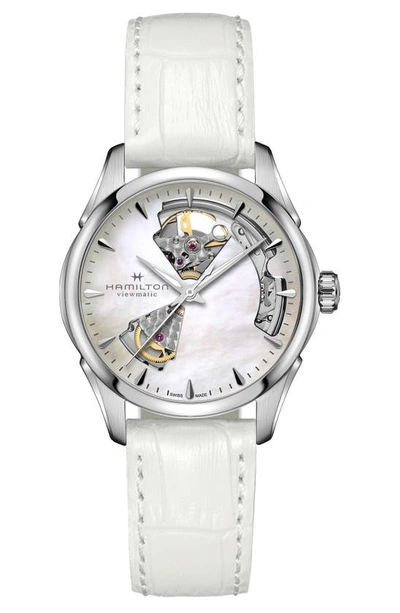 Hamilton Women's Swiss Automatic Jazzmaster Open Heart Diamond 1/3 Ct. T.w. White Leather Strap Watch 36mm In White/ Silver