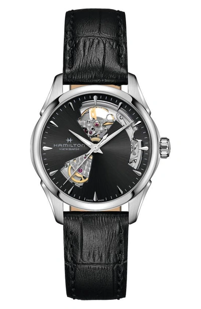 Hamilton Jazzmaster Open Heart Leather Strap Watch, 36mm In Black/silver