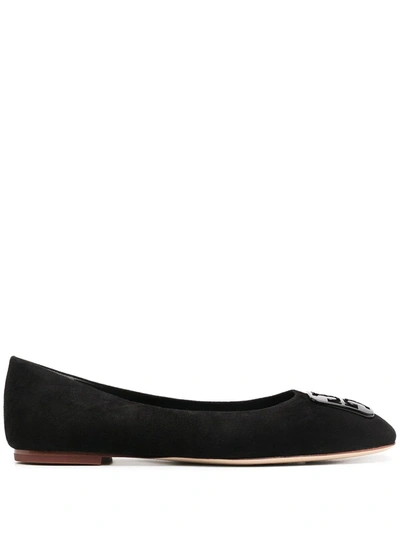 Tory Burch Georgia Suede Square-toe Ballerina Flats In Perfect Black Suede