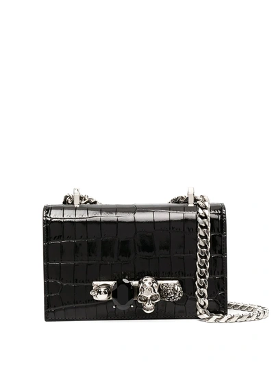 Alexander Mcqueen Mini Jewelled Crocodile-embossed Satchel In Black