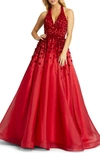 MAC DUGGAL FLORAL APPLIQUE BEADED HALTER NECK BACKLESS GOWN,67111