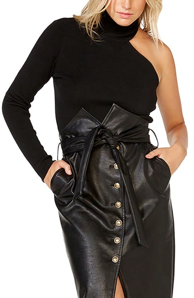 Bardot Asymmetric-sleeve Knit Turtleneck Top In Black