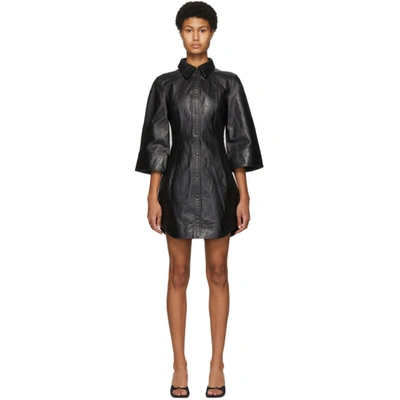 Ganni Three-quarter Sleeve Mini Shirtdress In Black