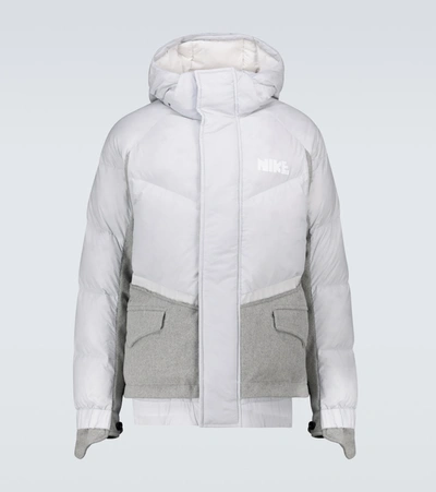 Nike Sacai Nrg Logo-print Quilted Nylon And Mélange Wool-blend Down Hooded Parka In Grey