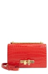 Alexander Mcqueen Jewelled Knuckle Croc Embossed Leather Crossbody Bag In Deep Red