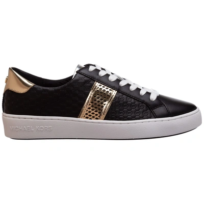 Michael Kors Colby Trainer In Black And Gold Logoed Leather