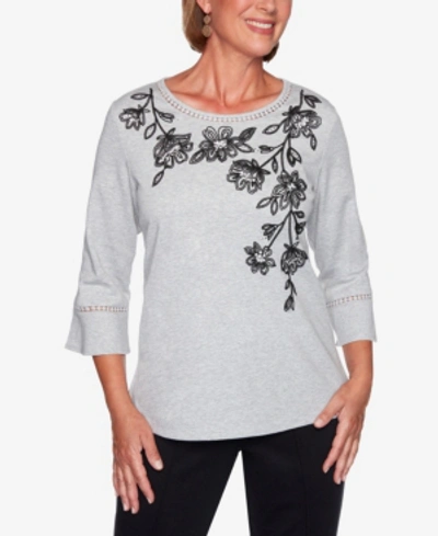 Alfred Dunner Women's Plus Size Knightsbridge Station Cascade Floral Bell Sleeve Top In Open Gray