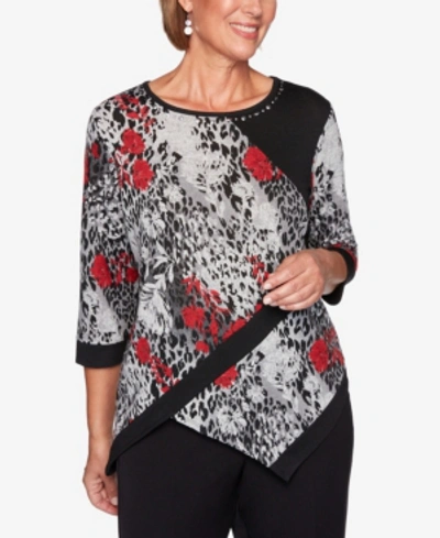 Alfred Dunner Women's Plus Size Knightsbridge Station Spliced Animal Print Floral Top In Open Miscellaneous