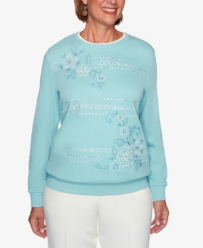 Alfred Dunner Women's Missy St. Moritz Embroidered Floral Biadere Sweatshirt In Light/pastel Green