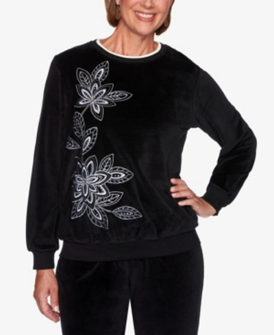 Alfred Dunner Women's Missy Modern Living Velour Asymmetric Sweatshirt In Black