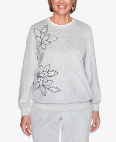 Alfred Dunner Women's Missy Modern Living Velour Asymmetric Sweatshirt In Open Gray
