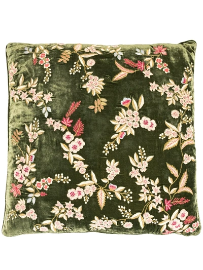 Anke Drechsel Embroidered Floral Cushion In Green