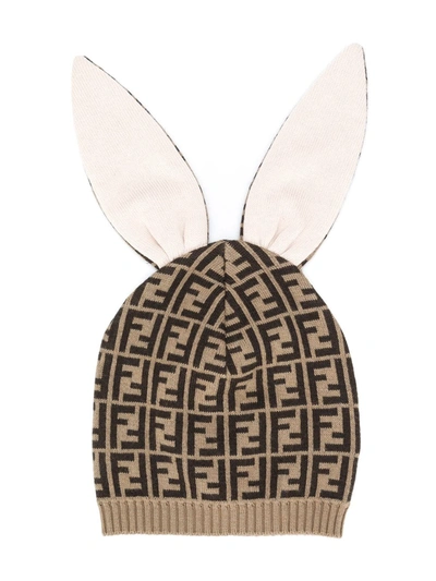 Fendi Babies' Double F Jacquard Bunny-ears Hat In Brown