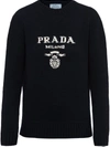 Prada Cashmere And Wool Logo Crew-neck Sweater In Navy
