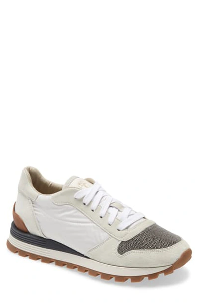 Brunello Cucinelli Bead-embellished Nylon And Suede Sneakers In Light Grey