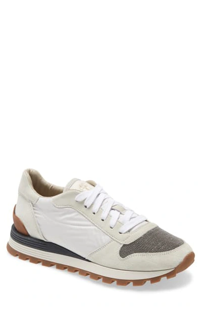 Brunello Cucinelli Suede And Techno Fabric Runners With Precious Toe In White
