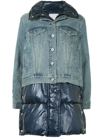 Sacai Denim Panel Quilted Coat In Blue