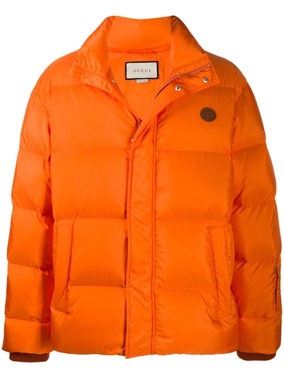 Gucci Men's Think/thank Print Nylon Down Jacket In Orange