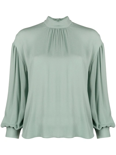 Vince Shirred Mock-neck Blouson-sleeve Silk Blouse In Patina