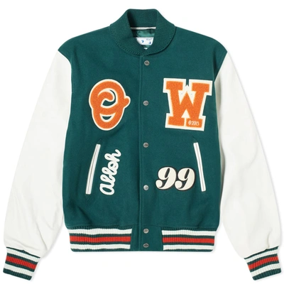 Off-white Barrel Leather Varsity Jacket In Green