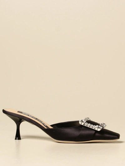 Sergio Rossi Satin Mules With Jewel Buckle In Black