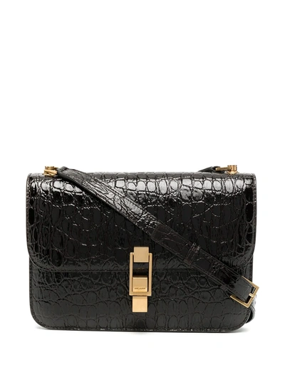 Saint Laurent Carré Small Croc-effect Leather Shoulder Bag In Brown