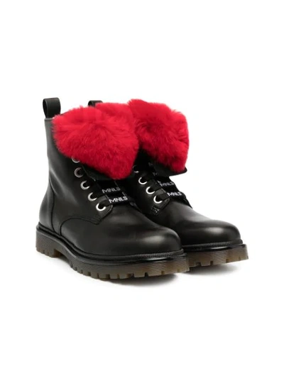 Monnalisa Kids' Leather Boots W/ Fur Appliqué In Black