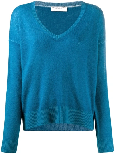 Majestic V-neck Cashmere Jumper In Blue