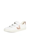 Veja Net Sustain 3-lock Logo Metallic-trimmed Leather Sneakers In Extra White/venus