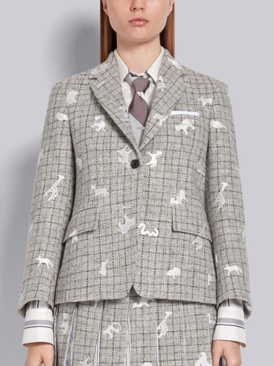 Thom Browne Light Grey Harris Wool Tweed Animal Icon Embroidered Classic Jacket