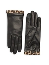 AGNELLE EDITH LEOPARD-PRINT CALF HAIR TRIMMED LEATHER GLOVES,0400012522040