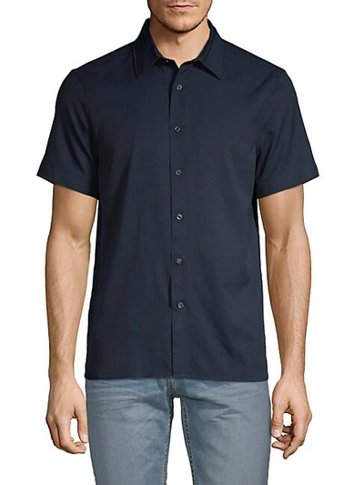 Perry Ellis Men's Untucked Stretch Solid Poplin Short Sleeve Button-down Shirt In Eclipse