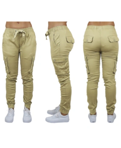 Galaxy By Harvic Women's Cotton Stretch Twill Cargo Loose Fit Joggers In Khaki
