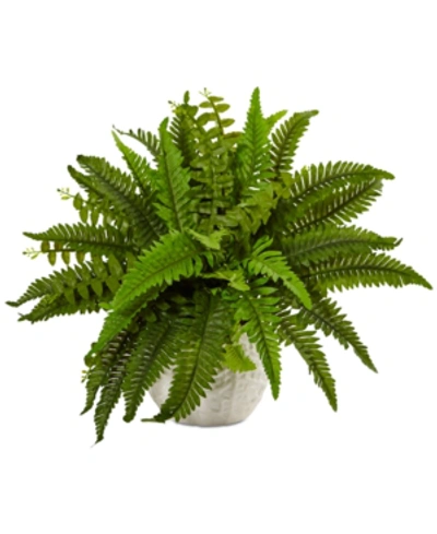 NEARLY NATURAL BOSTON FERN ARTIFICIAL PLANT IN WHITE PLANTER