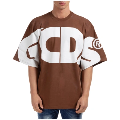 Gcds Men's Short Sleeve T-shirt Crew Neckline Jumper Macro Logo In Brown