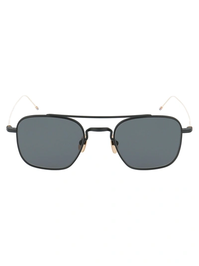 Thom Browne Tb-907 Sunglasses In Black Iron - 12k Gold Temples W/ Dark Grey - Ar