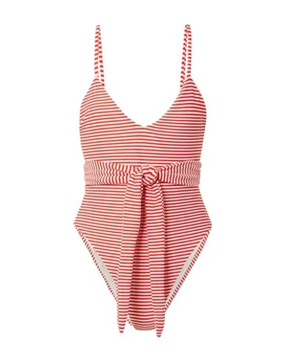 Mara Hoffman Gamela Belted Striped Swimsuit In Red