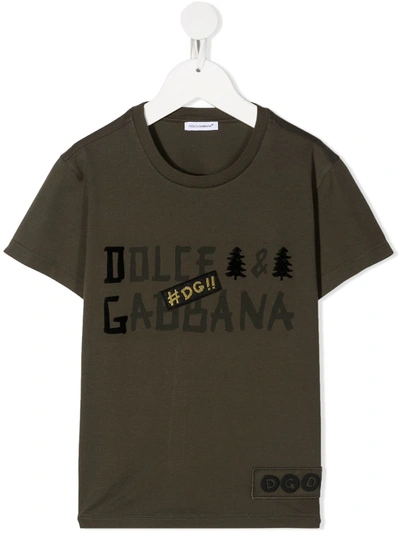 Dolce & Gabbana Kids' Printed Jersey T-shirt With Logo Patch In Military Green