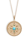 Anzie Dew Drop Mayan Turquoise & Emerald Disc Pendant Necklace In Gold