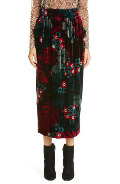Dries Van Noten Sofya Floral Print Velvet Midi Skirt In Fuchsia/ Black