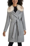 Cole Haan Faux Fur Trim Wool Blend Coat In Medium Grey
