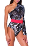 Hauty Crane Print One Shoulder Sheer Bodysuit Lingerie With Removable Belt In Black