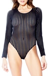 HAUTY STRIPE NETTED LONG SLEEVE BODYSUIT,1686